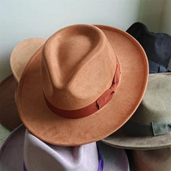 2025 new Suede Hat Trilby Stiff Short Brim Rancher hat for men Curved eaves classic fedora Bow vintage hat sombrero hombre