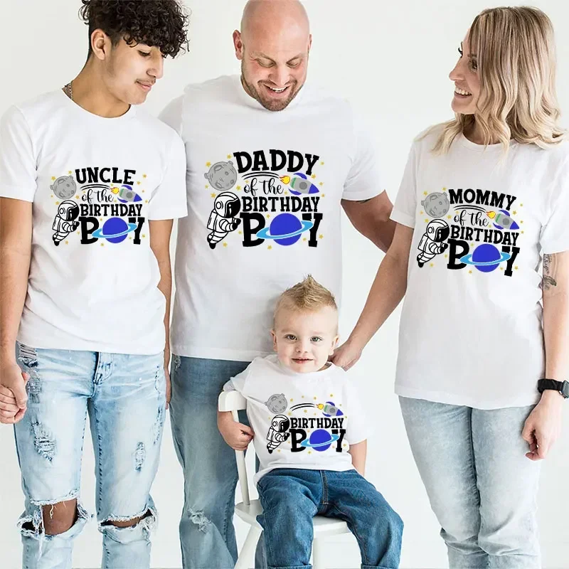 Matching Family Clothing Space Themed Birthday Boy Party T-shirt 2024 Funny Spaceman Graphic Tops Summer Unisex Kids White Tees