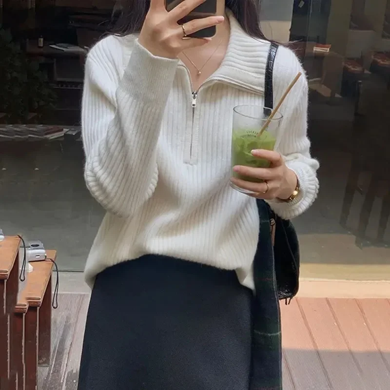 

Knitted Sweaters Women Autumn Winter New Thicken Warm Zipper Jumpers Woman Casual Simple Solid Color Ribbed Pullovers