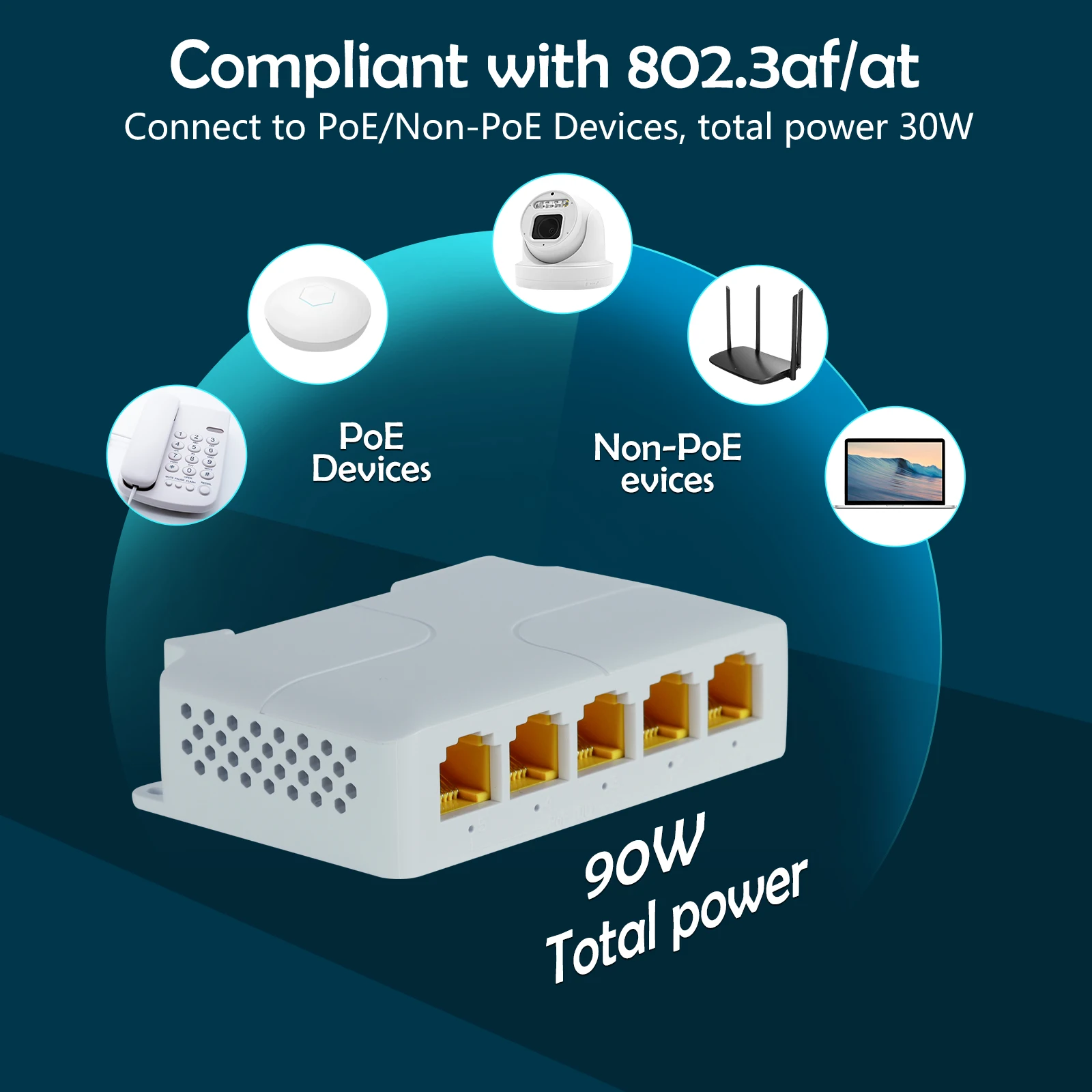 Gadinan-Switch de Rede Gigabit, Extensor POE, Repetidor de Switch de Rede, Plug & Play, Câmera NVR e IP, IEEE802.3af, em, 90W, 100 m, 1000m, 5 Portas