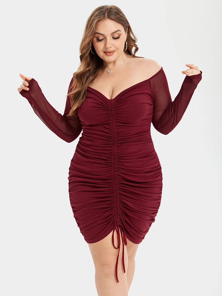 Plus Sized Clothing Drawstring Ruched Mini Dress Women Mesh Long Sleeve V Neck Spring Bodycon Dress Party Sexy Clubwear