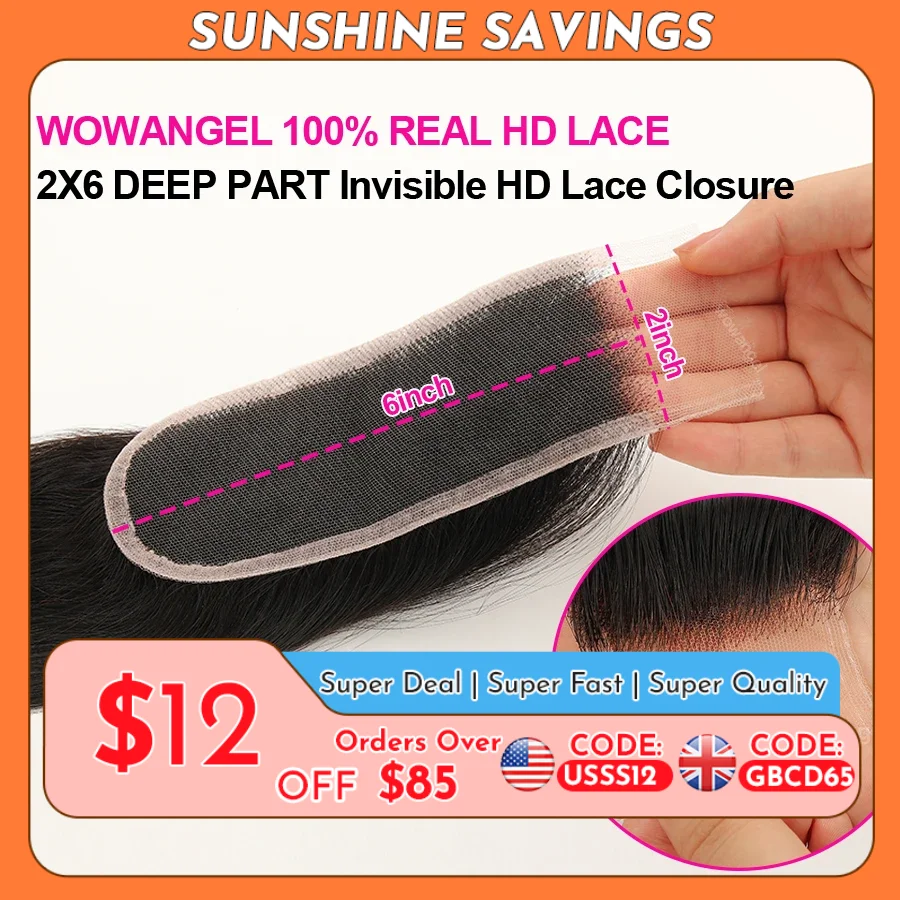 WOWANGEL 2x6 Deep Parting HD Lace Closure Frontal Only Melt Skin Straight Hair Kim K Closure Pre Plucked Virgin Hair For Woman