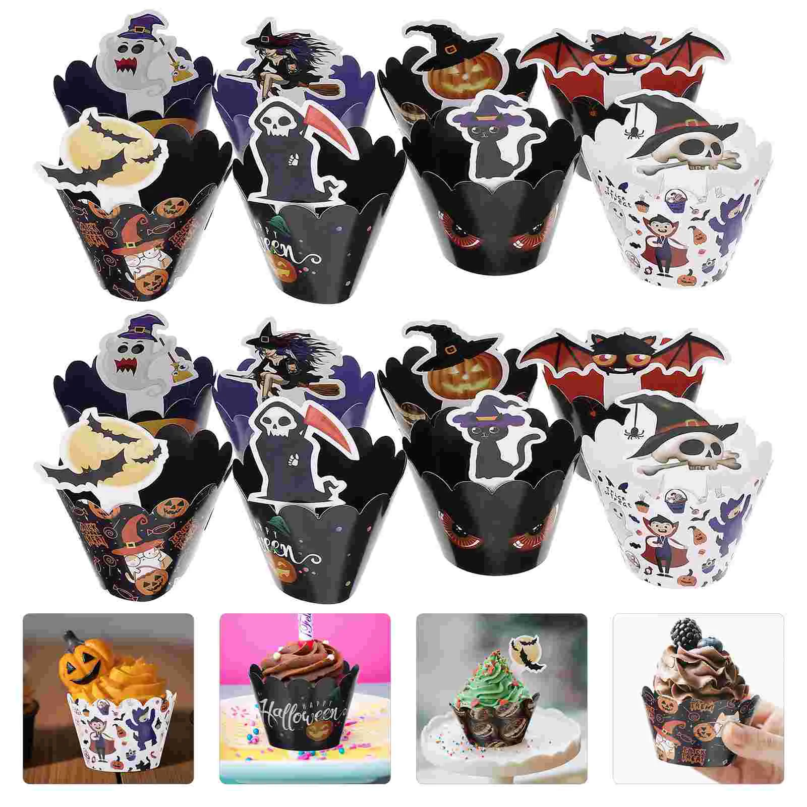 96 Pcs Halloween Cake Insert Toppers Party Decor Decorations Hat Dessert Supplies Cupcake Paper Picks Wrappers