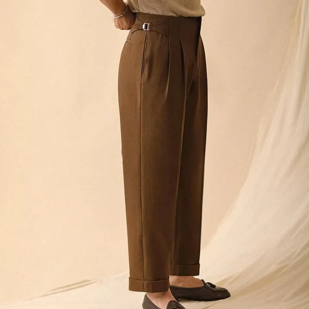 

Mens Side Adjusters Pleated Trousers Mid Rise Flat Front Solid Color Pants Classic Business Casual Formal Wear Office Pants for