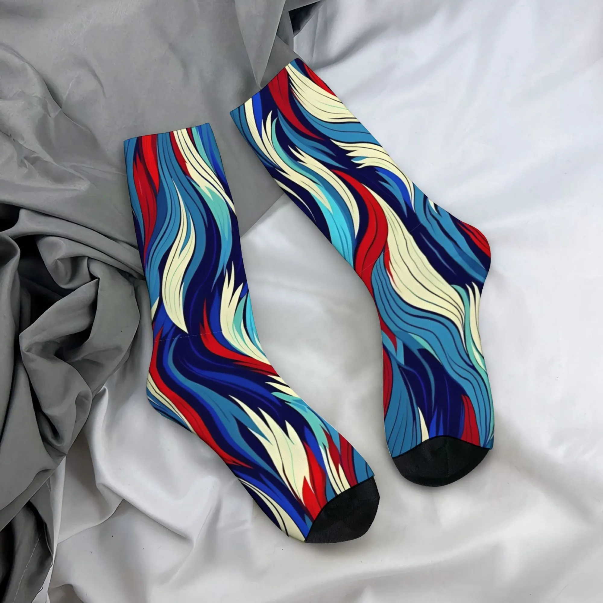 

Retro red and blue iridescent print mid-calf socks, novel flowing art style, men's socks, comfortable, breathable, casual socks.