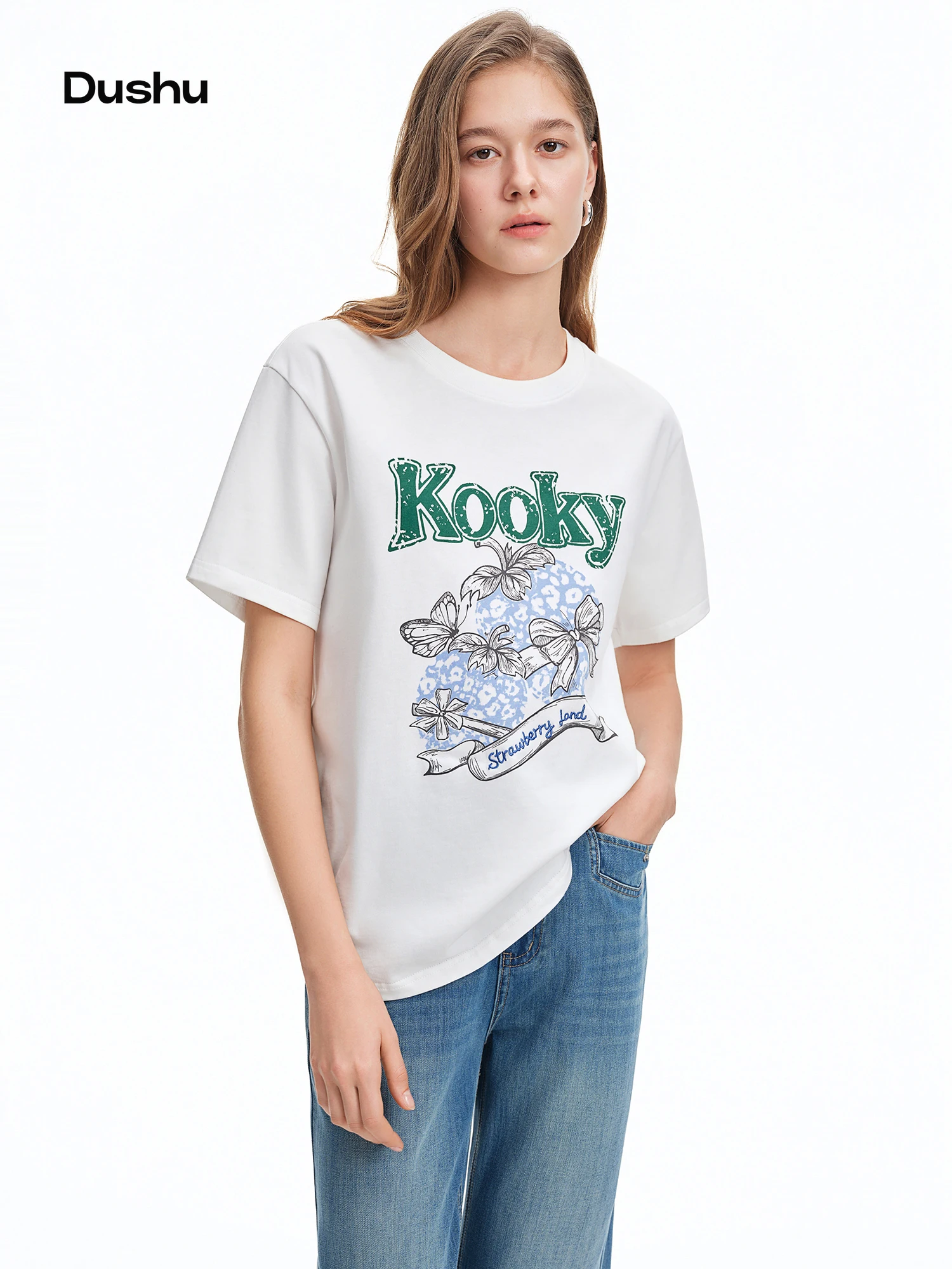 

DUSHU 2026 Summer Women's Letter Print Embroidered Short Sleeve T-shirt Casual Crew Neck Top for Office Commute Essential Style