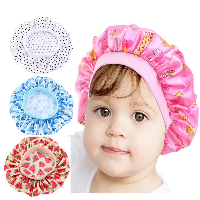 Silky Satin Solid Wide-brimmed Sleeping Hat Girl Night Sleep Hair Cap Care Baby Bonnet Nightcap For Children Unisex Hair Tool