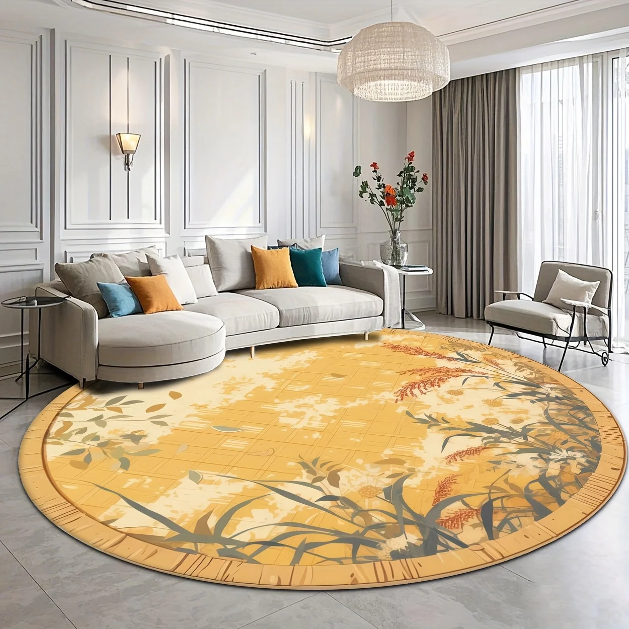 Round Botanical Floral Area Rug Yellow Gold Pattern Living Room Decor Waterproof Soft Machine Washable Plush Mat for Modern Farm