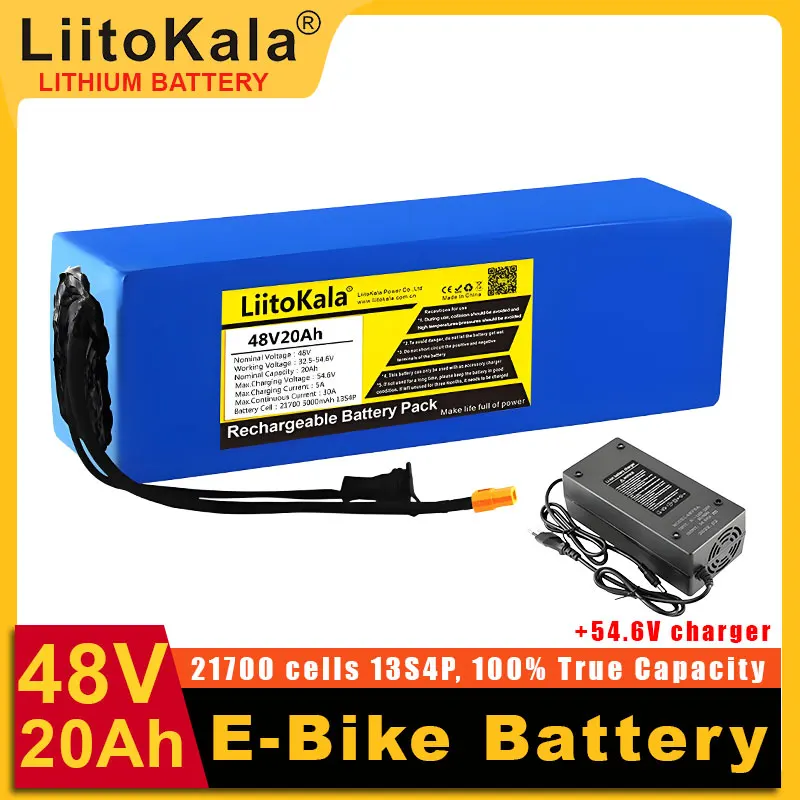 LiitoKala 48V/54.6V 15Ah 20Ah 25Ah 30Ah 35Ah 40Ah 50Ah 21700 13Strings Lithium Ion Battery with BMS Protection Free Charger