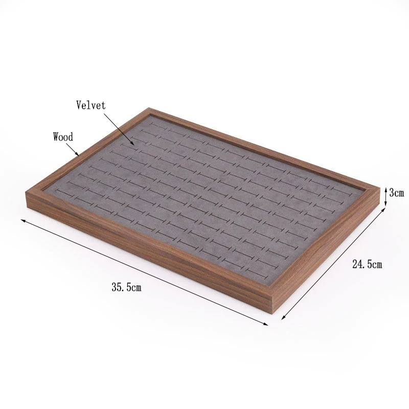 Wood Dark Gray Velvet Jewelry Display Tray Ring Earring Necklace Bracelet Pendant Organizer Storage