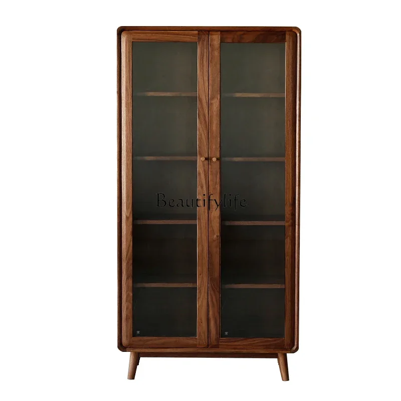 

FG11Nordic Solid Wood Bookcase Simple Black Walnut Glass Door Display Cabinet