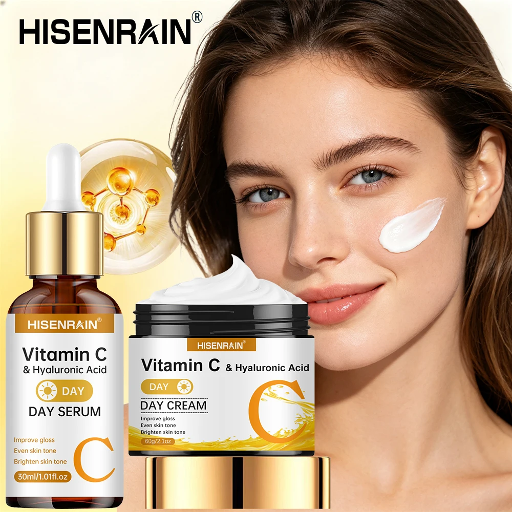 HISENRAIN 2PCS Vitamin C & Hyaluronic Acid Day Serum And Cream Set 24H Deep Hydration Moisturizer Firming Brightening Luminous S