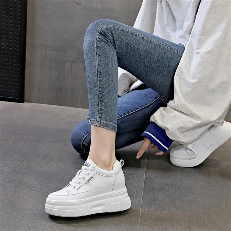 Spring Genuine Leather Platform Wedge Hidden Heel Luxury Comfortable Sneakers New Chunky Casual Women Fashion Lady White Shoes