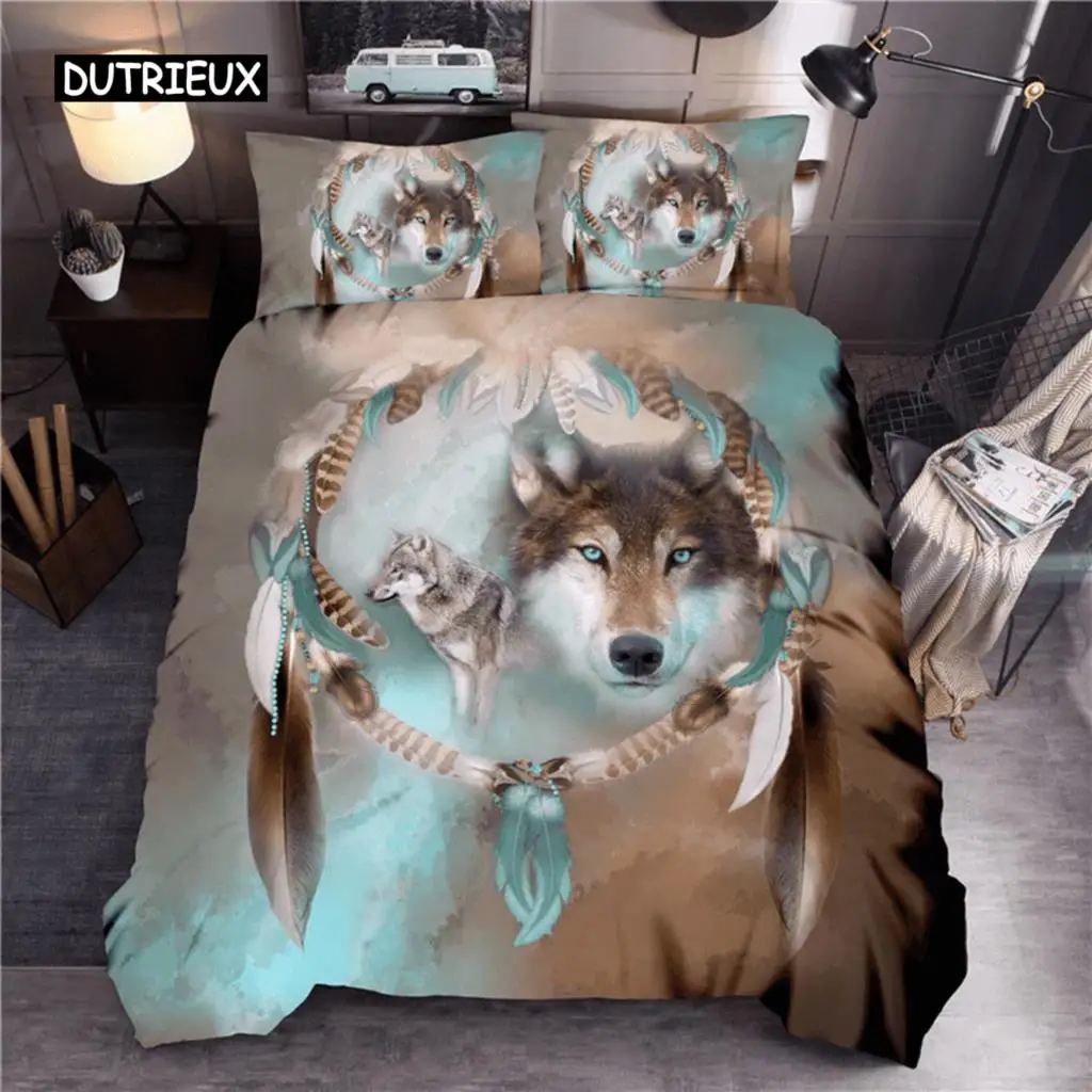 

Animal Duvet Cover Set King Size Indian Wolf Dream Catcher Animal Bedding Set for Kids Teen Polyester Exotic Bohemia Quilt Cover