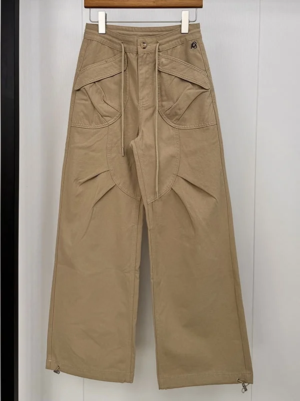 Retro American Work Pants Women's Loose Wide Leg Drawstring Design Casual Trousers High Waist Pure Color Micro Stretch