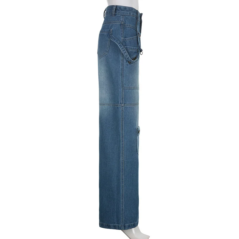 Jeans de travail multi-poches à fermeture éclair pour fille, pantalon à jambe droite, taille haute, coupe ample, style de rue, industrie lourde, épicé