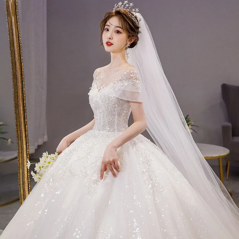 off-Shoulder Light Wedding Dress New Year Main Yarn Bride Summer French Style Women's Large Tail Court Travel Shooting