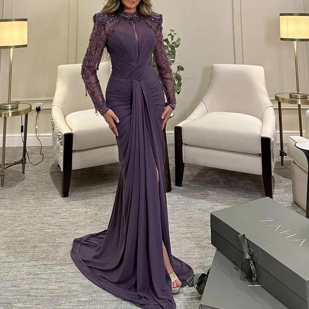 Customized Exquisite Front Slit Pleats Crystal Sequined Prom Gowns Temperament Mermaid High Collar Long Sleeves Evening Dresses