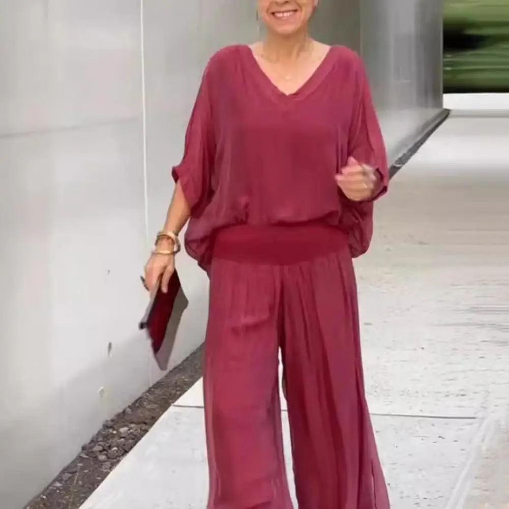 Casual Chiffon Suit Women's V Neck Bat Sleeve T-shirt Pants Set Casual Daily Wear Outfit with Loose Elastic Waist for Stylish