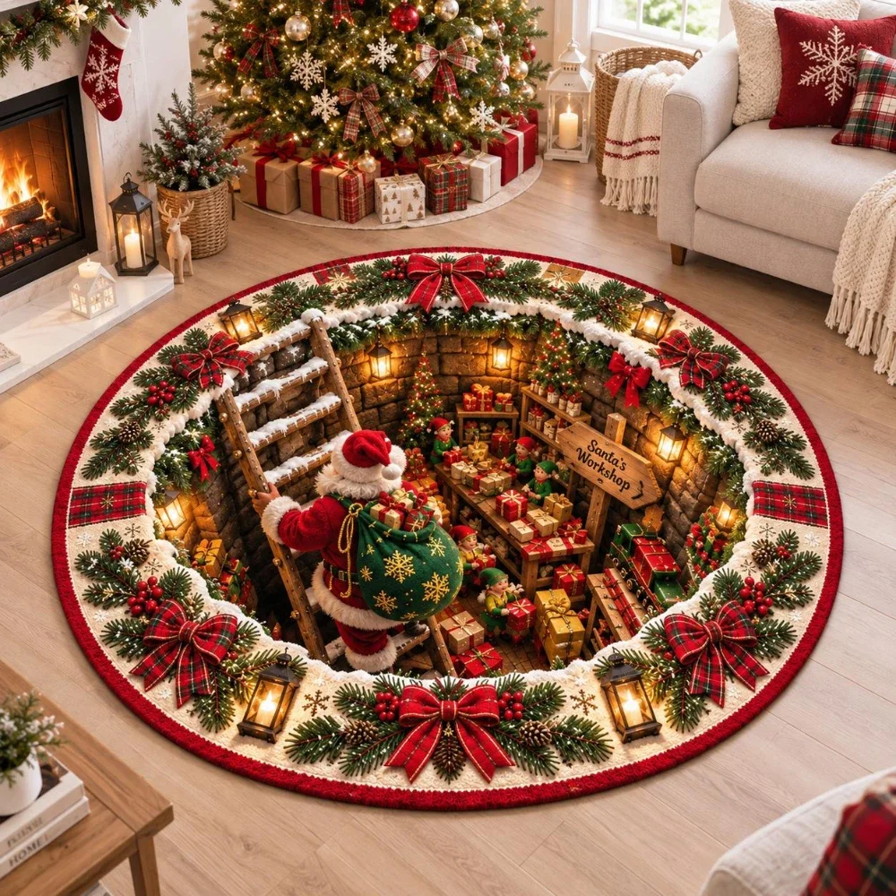 1pc Winter Christmas Snow Village Round Rug Spiral Stairs Area Rug Gorgeous Living Room Bedroom Entryway round Floor Mat Present
