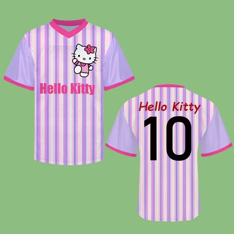 

MOTO-Summer fashion women's Hello Kitty V-neck football jersey casual sports short sleeved loose T-shirt