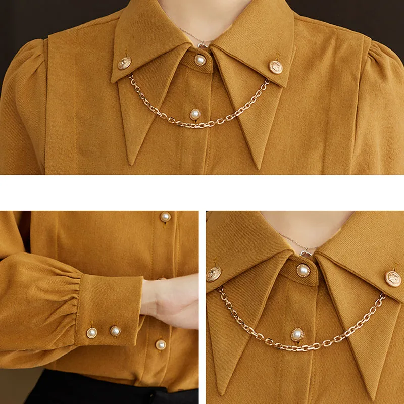 Women\'s Shirts Double Layered Collar Tops Commuting Style Chain Button Long Sleeve Elegant Temperament Blouse Women Shirts A603