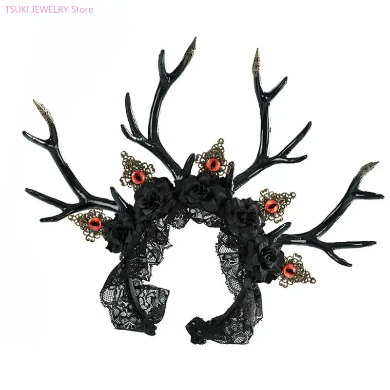 62KE شيطاني العين الغزلان قرون خوذة زي اكسسوارات للشعر عصائب للبالغين والأطفال هالوين زي الملحقات