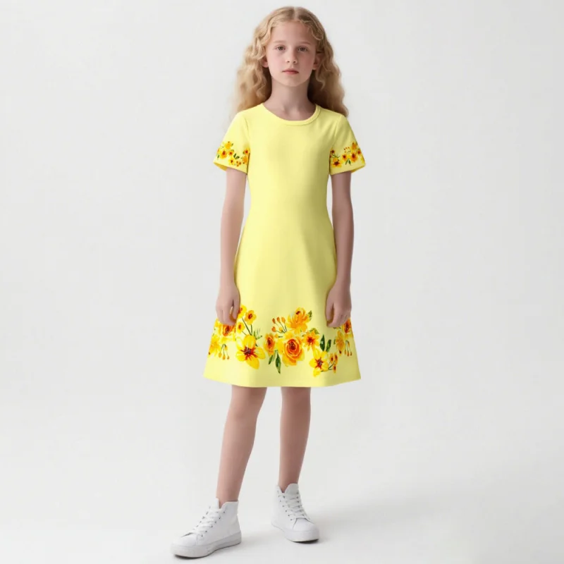 Yellow Dress 2025 Short-sleeved Dress with Floral Pattern Prints