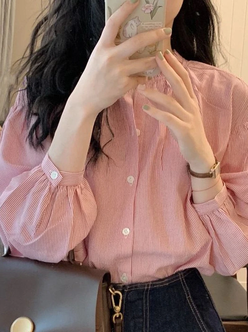 Chique anti-aging roze gestreept dames irt Design Sensation High-End Feeling blouse Cact Ele Top Koreaanse Sle Bu...