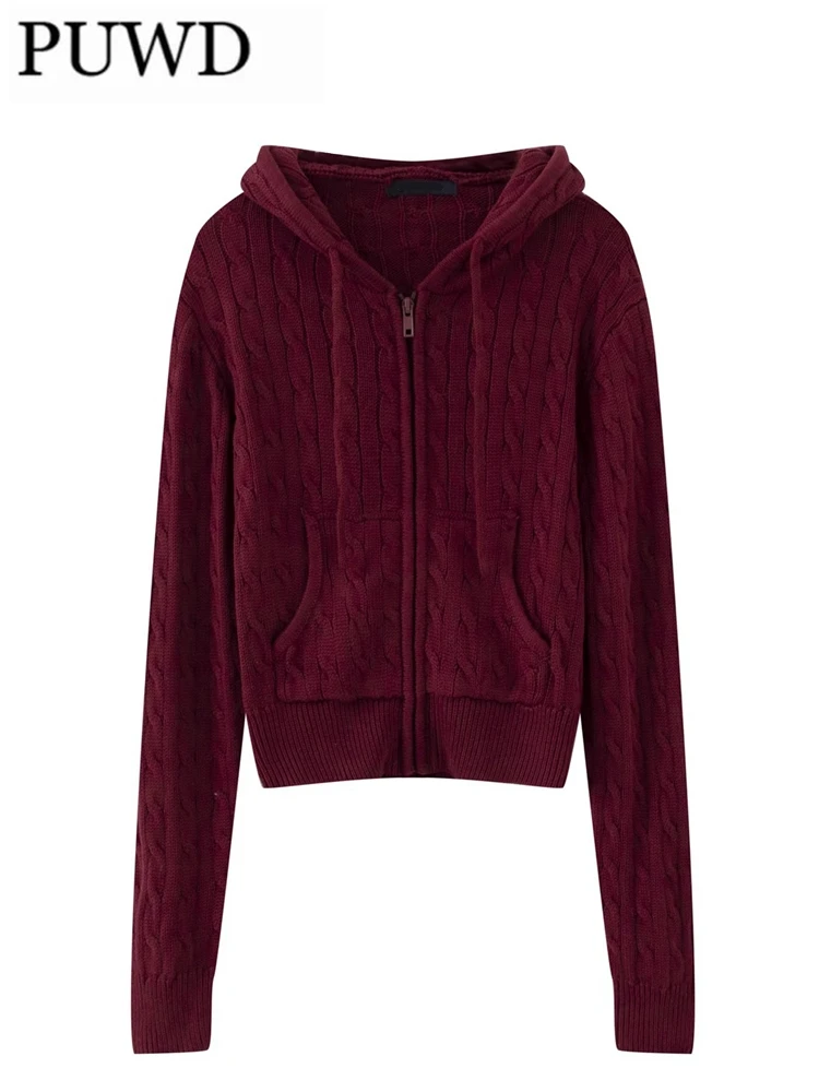 PUWD Vintage Women Solid Zip-up Knit Cardigans 2023 Autumn Wine Red Long Sleeves Hooded Sweaters Fashion Female Chic Pocket Tops