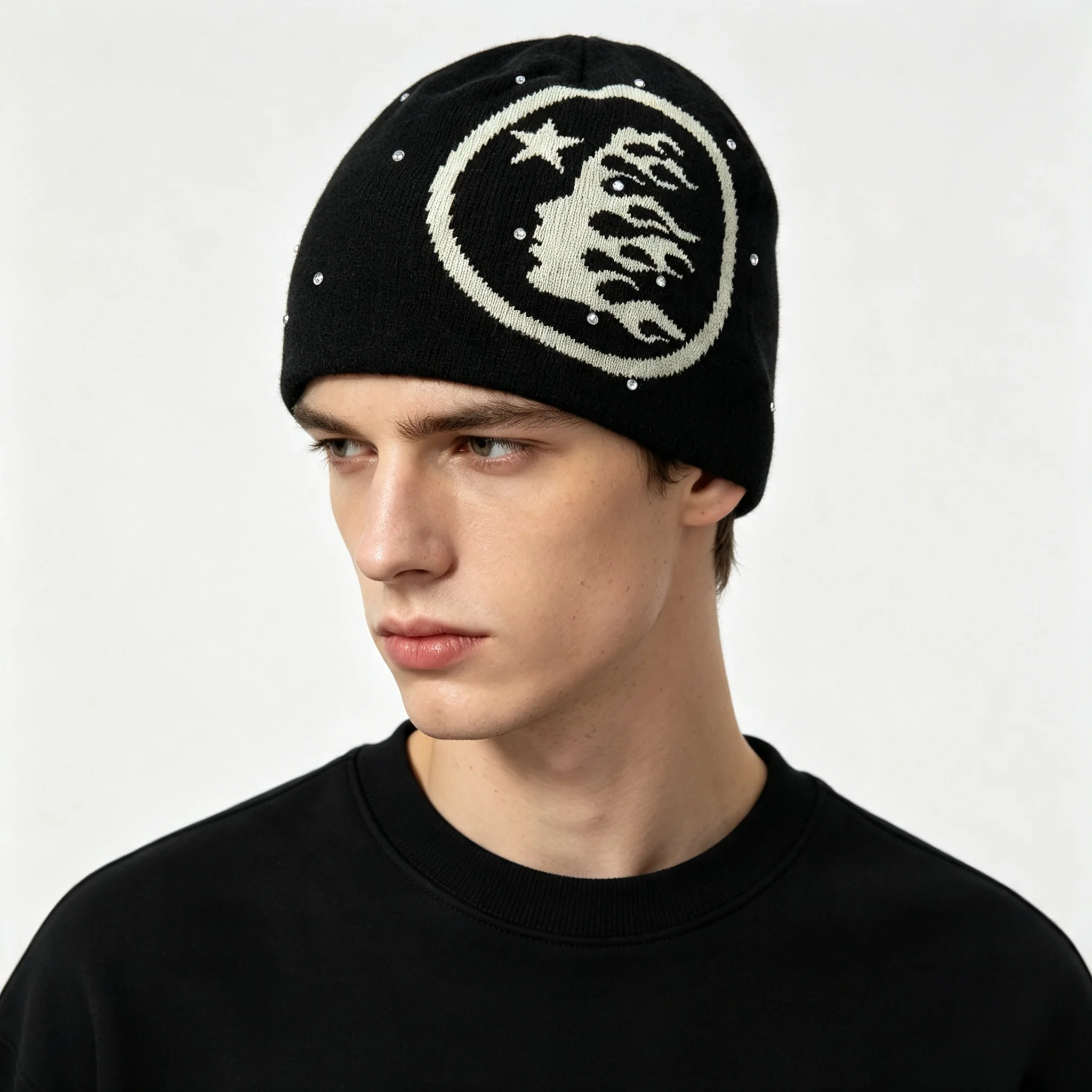 Gothic Tiger Star Pattern Rhinestone DecorKnit BeanieWomen Men Y2K Hip HopStreetWarm Winter ElasticSkull Hat DailyOutdoorHeadCap