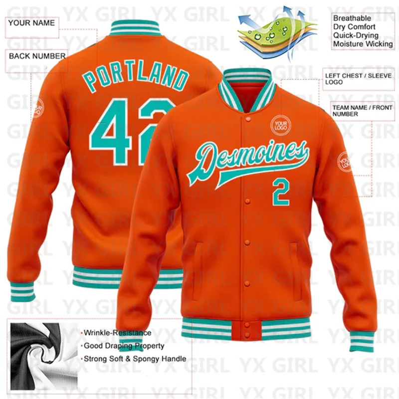 Custom Orange Aqua-White Bomber Full-Snap Varsity Letterman Jacket 3D Printed Baseball Button Jacket