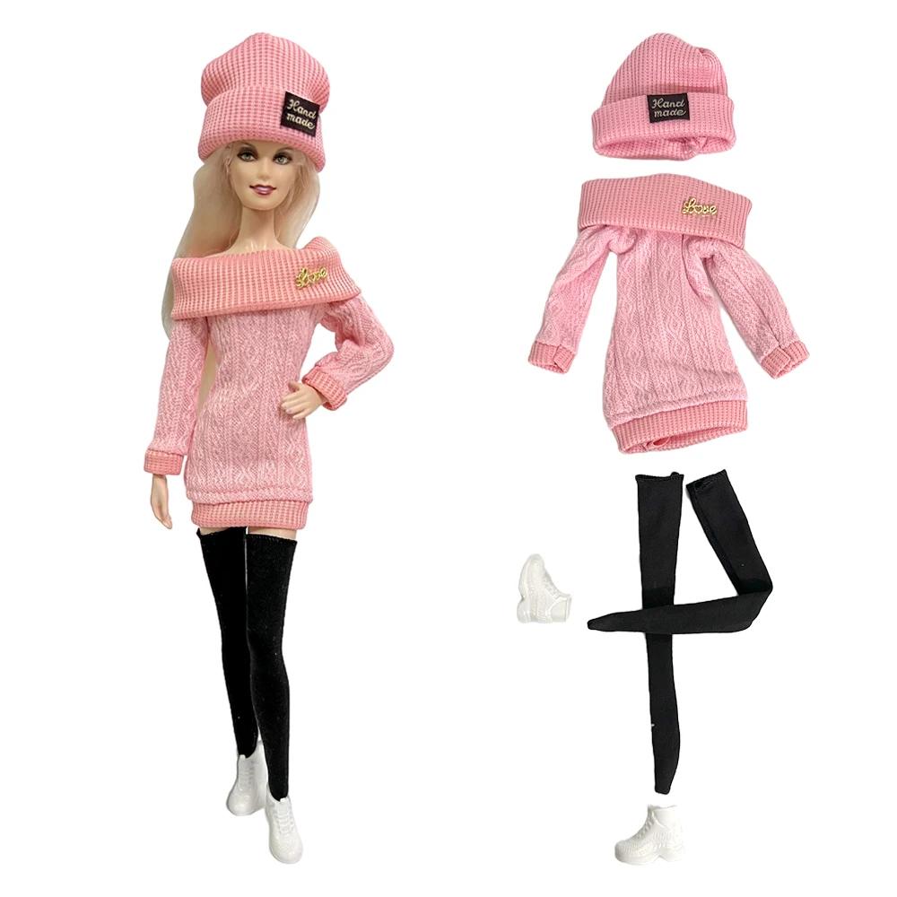 

NK 1 Set 30CM Princess Pink Knit Dress+Hat+Long Black Socks+Flat Shoes For 1/6 Doll Clothes 30cm Doll Accessories Children Toy