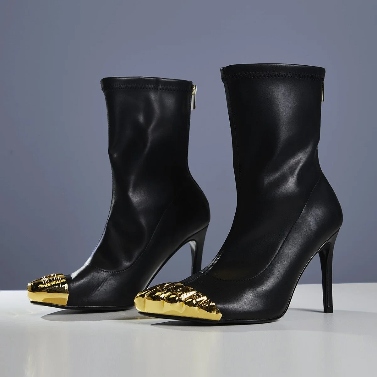 Women Metallic Gold Five Toe Ankle Boots Black Stretch Leather Stiletto High Heel Back Zipper Fashion Runway Party Short Boots