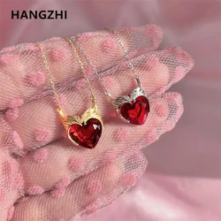 HangZhi Red Zircon Heart Copper Pendant Scarlet Witch Crown Stainless Steel Chain Necklace Vintage for Women Party Jewelry New