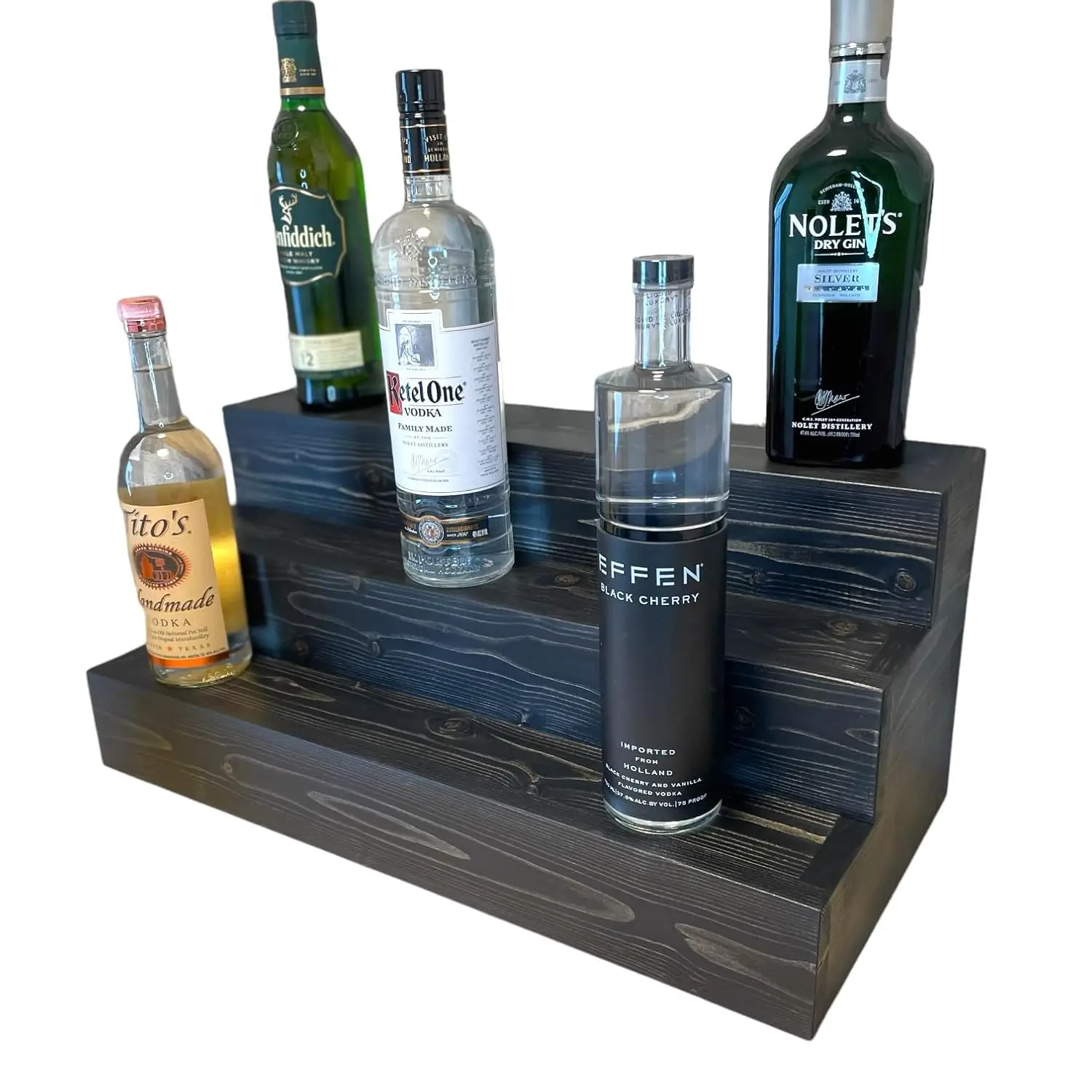 

Handmade Tiered Display Shelving - Three Tier Bar Display - Bar Organizer - Liquor Bottle Display (12"" With Back, Black)