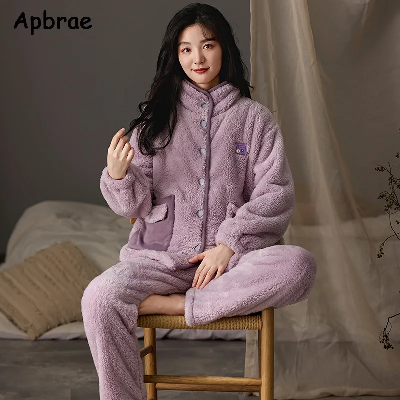 Winter Thick Flannel Pajamas for Women Zebra Pattern Woman Pijamas Warm Velvet Cardigan Nightwear Causal Homewear for Girl