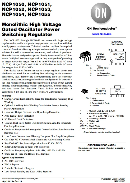 NCP1055ST136T3G AC−DC Converters Auto Restart Fault Protection Converter Output Overload and Open Loop Protection Wall Adapters