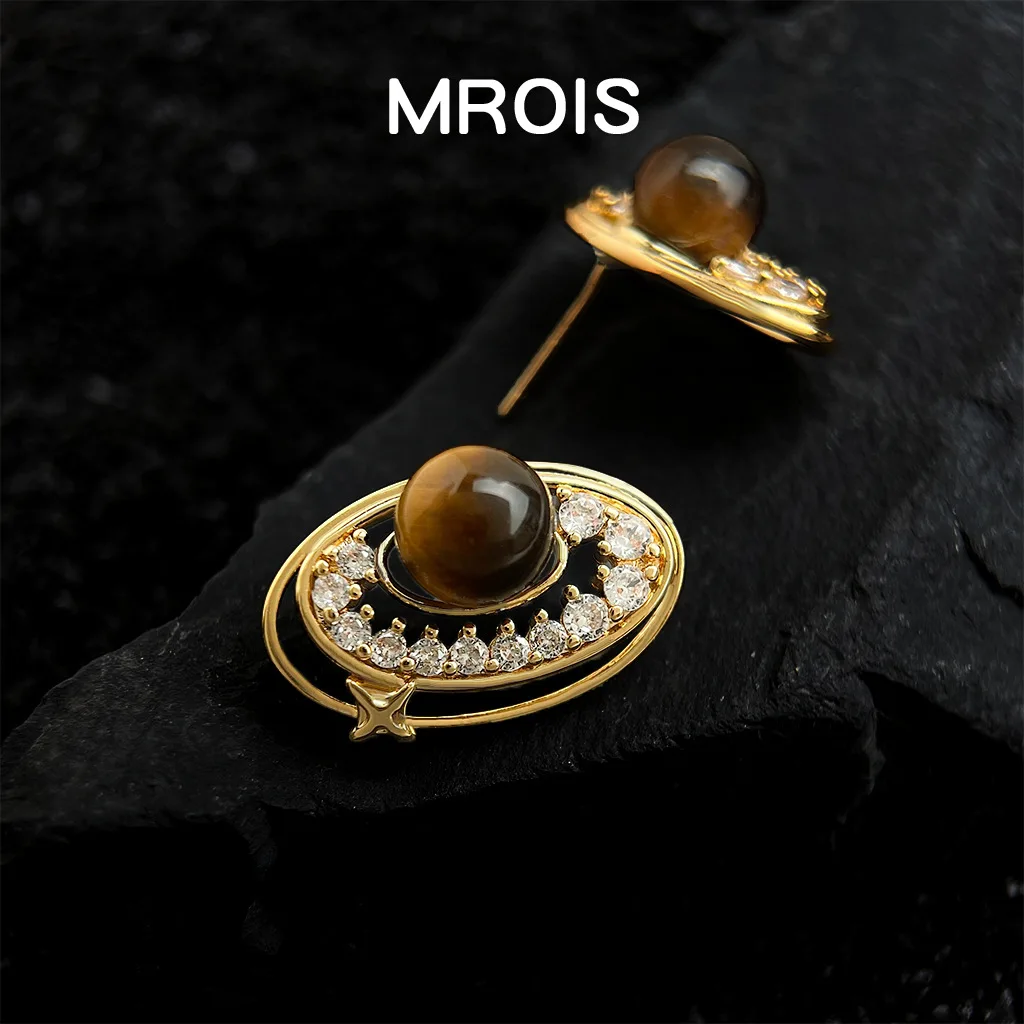 Designer galaxy! Micro-inlaid zircon natural stone tiger's eye Saturn fashion high-end earrings light luxury earrings