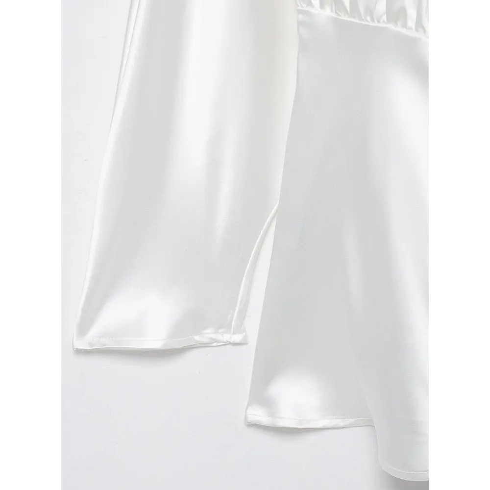 فستان نسائي قصير من الساتان الأبيض من DUOPERI بفيونكة خلفية وأربطة ورقبة عالية وأكمام طويلة فساتين نسائية أنيقة وأنيقة #6