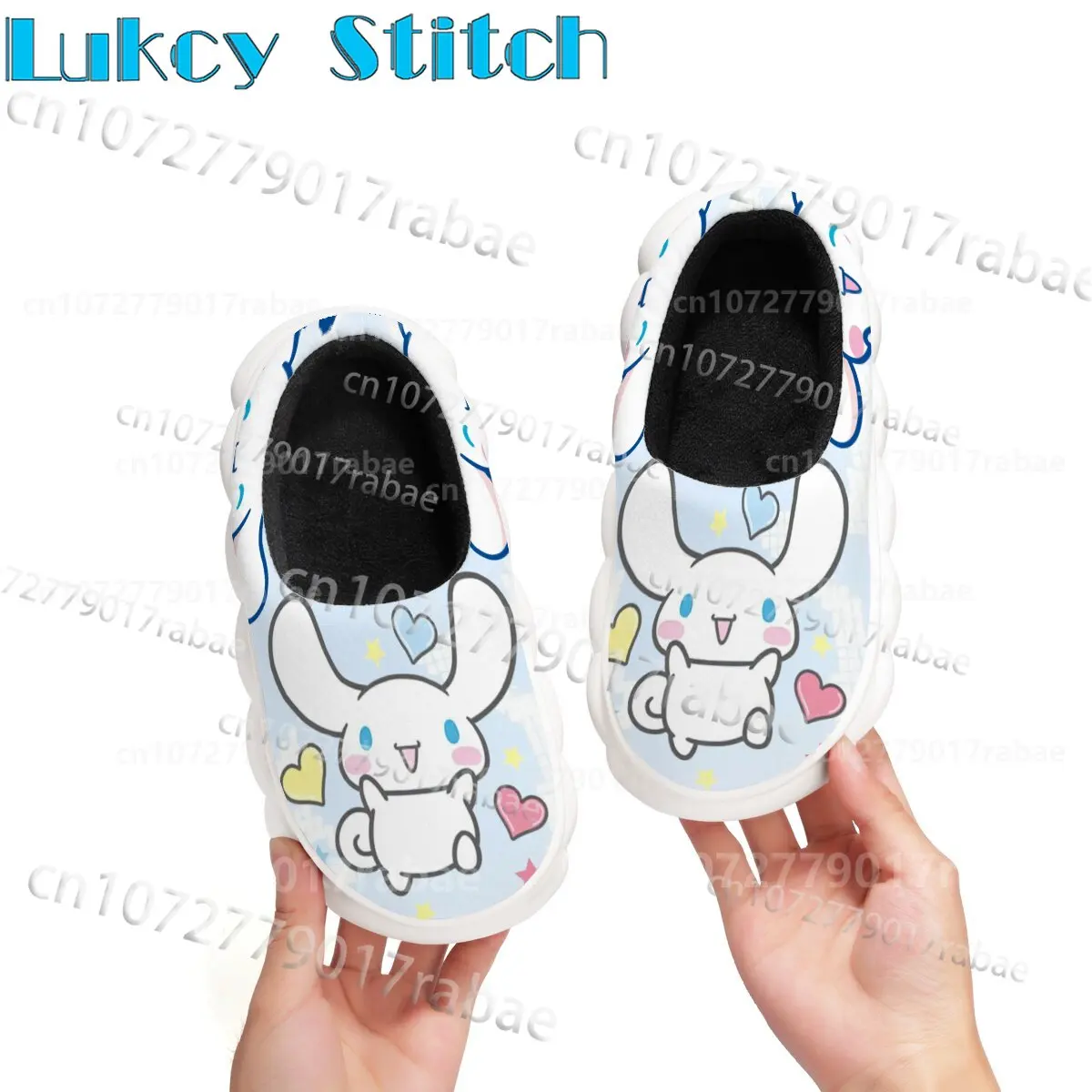 Cute Long Ear Rabbit Print Closed Back Slippers Cloud Thick Platform Warm Fleece Indoor Home Shoes Women Kawaii Footwear