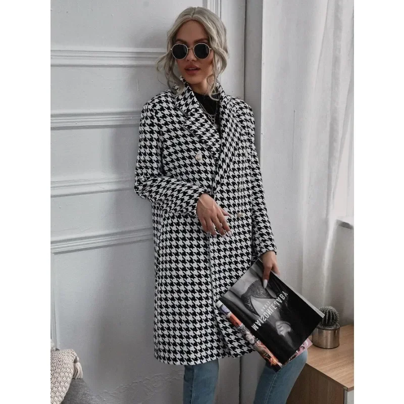 Autunno inverno donna giacca di lana pied de poule elegante moda Plaid manica lunga bavero bottone cappotto allentato Trench giacca a vento Outwear