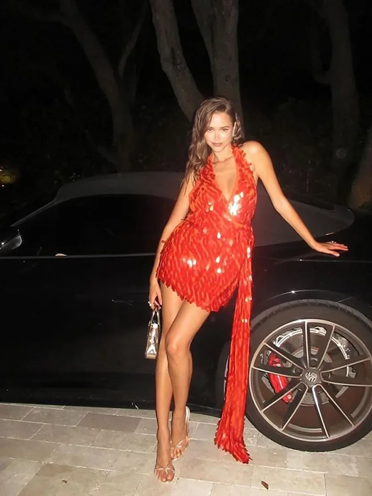 Abito corto sexy con nastro di paillettes Abito corto con scollo a V rosso con scollo a V senza maniche Abiti da festa sottili Abiti da sera estivi da donna