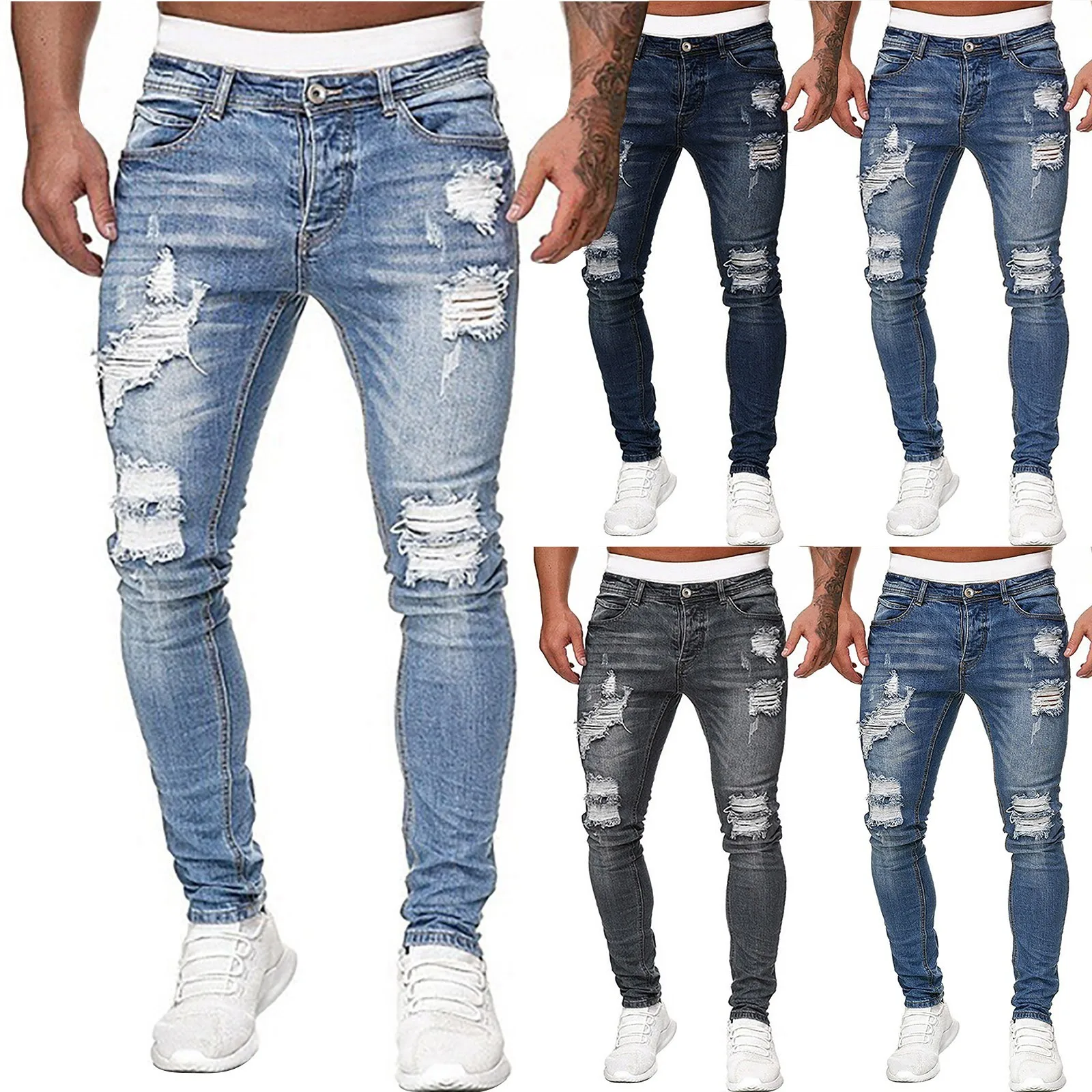 

Men Jeans Knee Hole Ripped Stretch Skinny Denim Pants Solid Color Black Blue Autumn Summer Hip-Hop Style Slim Fit Trousers S-4xl