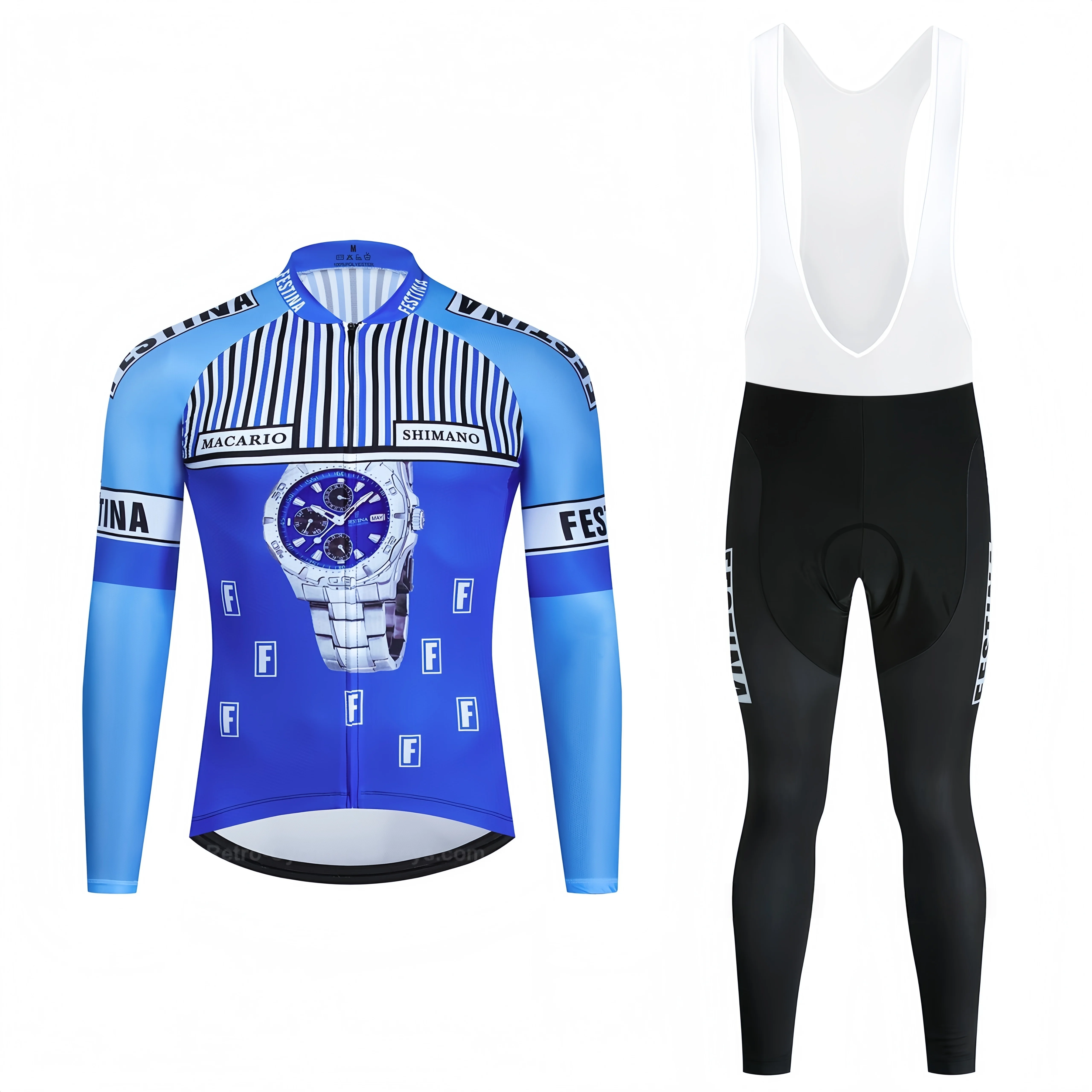 FESTINA Conjunto de Ciclismo Retro Azul de Manga Larga – Equipación de Ciclismo Retro, Maillot de Ciclismo para Hombre, Ropa de Ciclismo para Exteriores
