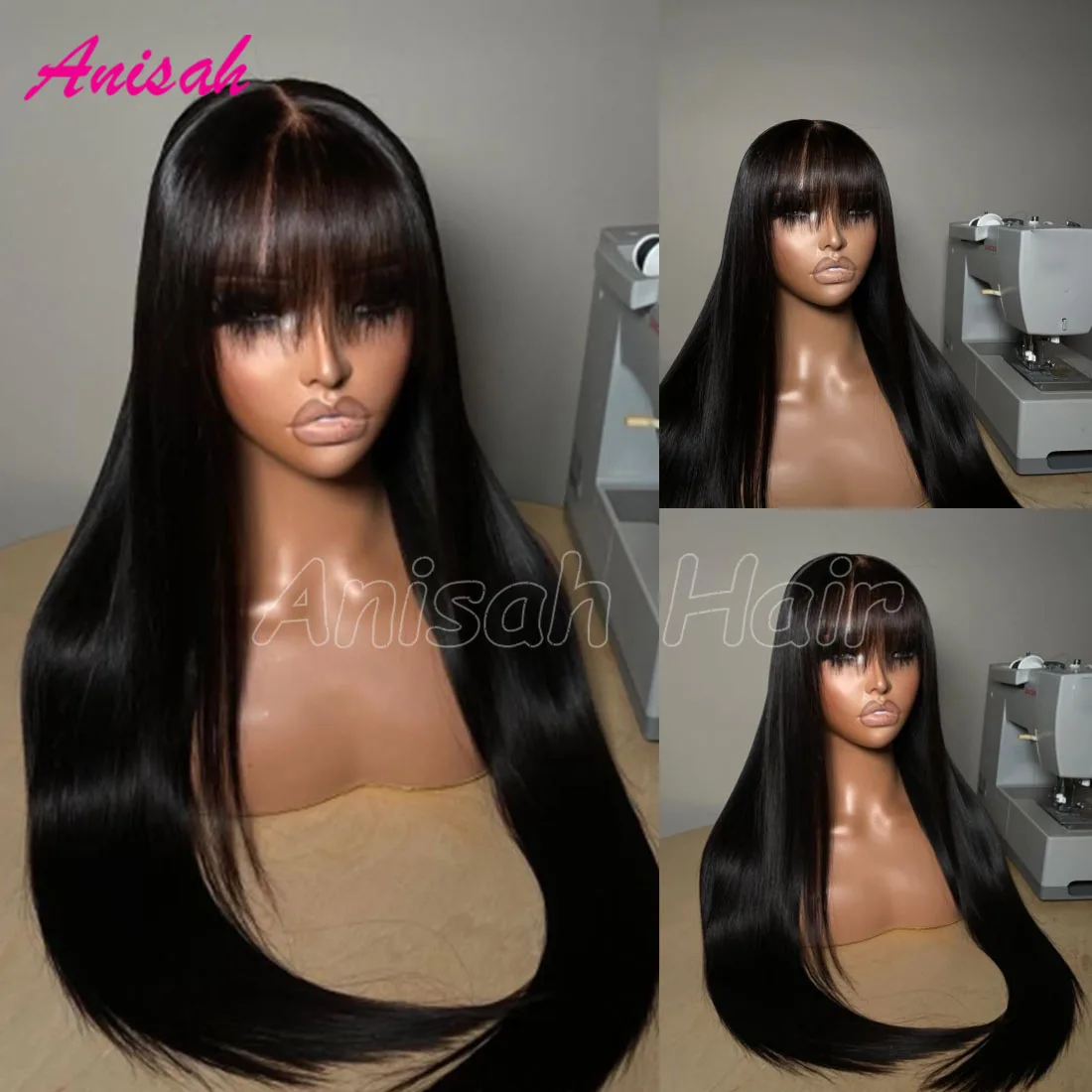

100% Vietnamese Virgin Hair Bone Straight 13x4 Lace Front Human Hair Wig with Bangs Glueless 5x5 Lace Closure Wigs For Women