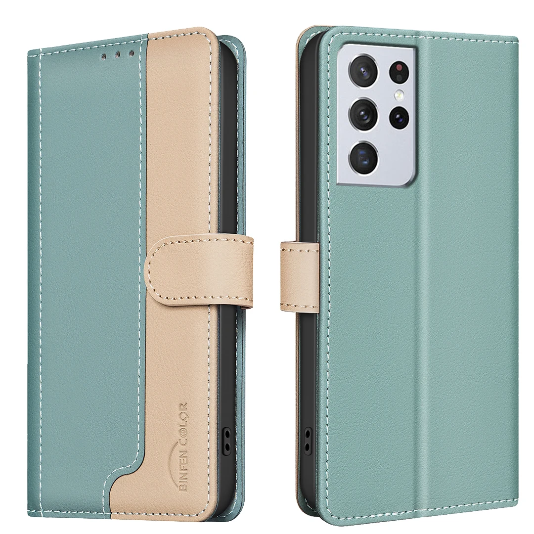 For Samsung Galaxy S21 Ultra Phone Case Protective Case Color-Blocked RFID Soft Shell Flip Leather Case