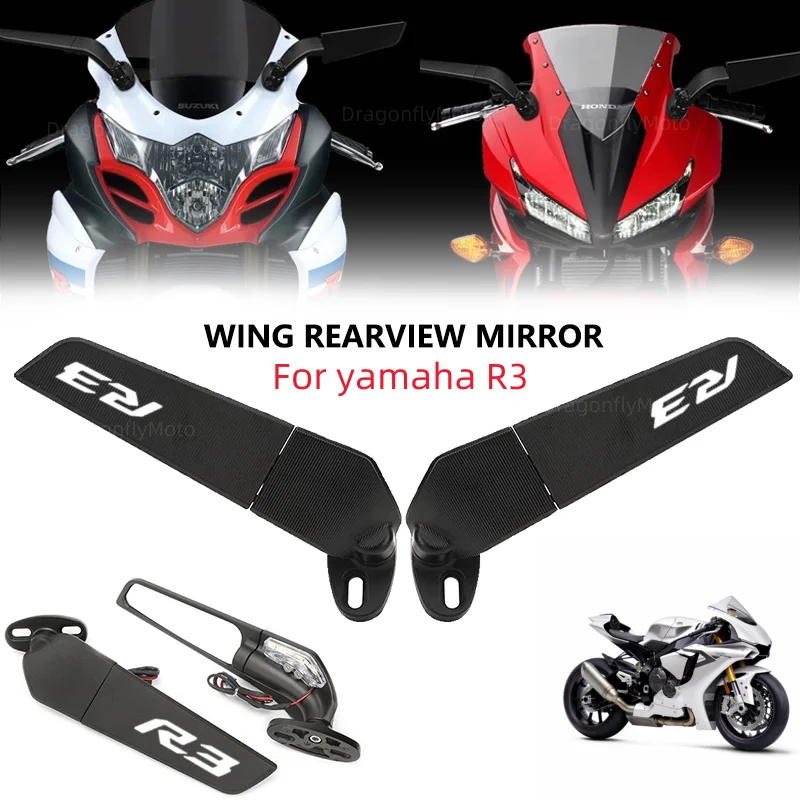 

Motorcycle Wing Mirrors For YAMAHA YZF R3 2015 2016 2017 Adjustable Rotating Rearview Side Mirror WITH LOGO