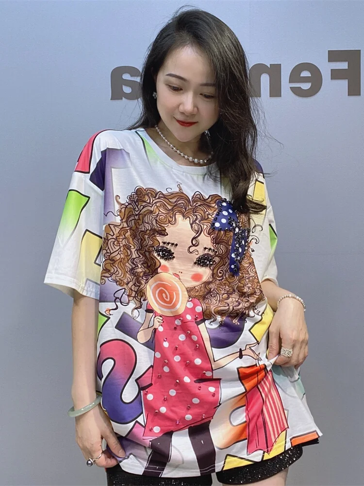 تي شيرت نسائي قطني بارد بأكمام قصيرة على الطراز الكوري لفصل الصيف مع طباعة ثقيلة وخرز بمقاسات كبيرة #5