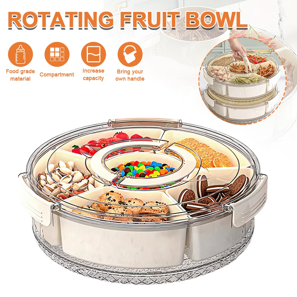 360 °   Drehbares, unterteiltes Serviertablett mit 5+1 Fächern und Deckel, cremeweiß, 29,3 cm, tragbare Aufbewahrungsbox für Obst, Snacks, Süßigkeiten und Gewürze, lebensmittelechter, luftdichter